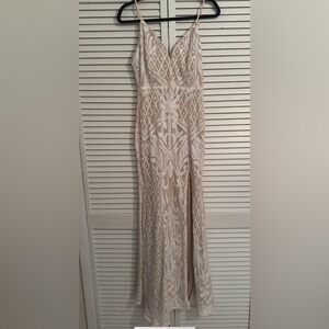 Lulu's Beige and White Sequin Maxi Dress with Slit